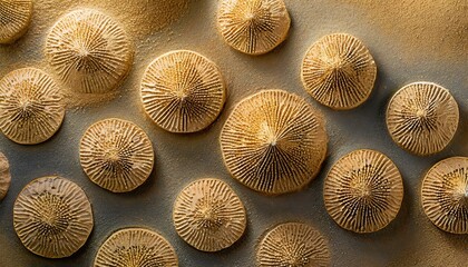 Golden seashell-like fossil shapes on textured sand depict ancient marine life, evolution, natural history and archeological wonder