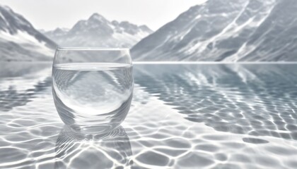 Glass of water on a pristine lake with snowy mountains in the background symbolizes purity, health, hydration, and environmental sustainability