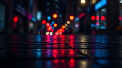 Glowing red and blue lights reflecting on wet pavement at night with dramatic contrast.