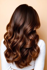 Fototapeta premium A woman with long, wavy brown hair is shown from the back