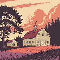 Vintage style illustration of barns on hillside with trees and sky background

