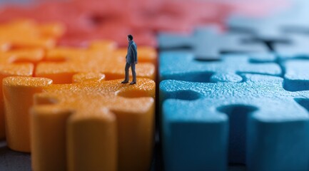 Miniature businessman between colorful puzzle pieces