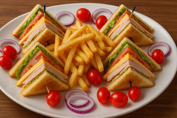 Delicious Turkey Sandwiches with Cheese, Lettuce, Tomato, and French Fries Served on White Plate