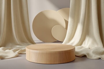 Minimalist stage with wooden pedestal and draping fabric