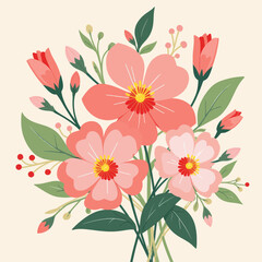 Pink Floral Bouquet with Green Leaves on Transparent Background, Watercolor Illustration for Digital Media