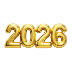 golden shiny metallic numbers 2026 isolated on white background PNG.AI Generated.