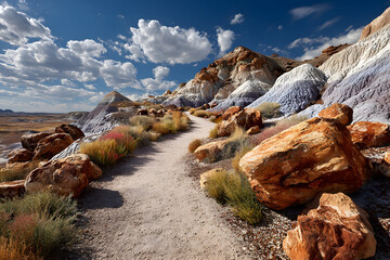 Admiring the colorful erosion of Petrified Forest National Park Blue Mesa features a pleasant hiking trail through bentonite clay badlands