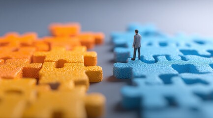 Tiny suited figure between orange and blue pieces
