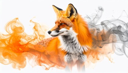 Obraz premium Artistic portrait of a wild red fox with a dynamic dispersion effect of orange and grey smoke on an isolated white background.