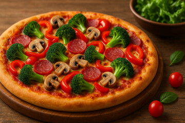 Delicious Pizza with Pepperoni, Red Bell Peppers, Mushrooms, and Broccoli on Wooden Table with Cherry Tomatoes