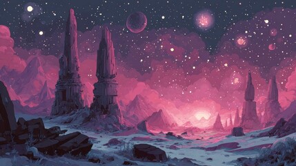 Alien ruins glowing in the dark of a pink desert planet, stars above like ancient spirits