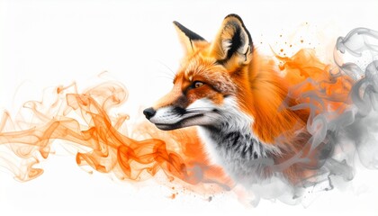 Naklejka premium Artistic illustration of a wild red fox with a creative dispersion effect, dissolving into abstract orange and grey smoke on a white background.
