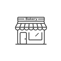 A simple line drawing of a small bakery storefront with an awning and a door on a white background.