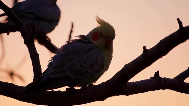 Cockatoo Perching on Tree Branch Silhouetted Against Sunset Sky