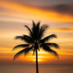palm tree silhouette at sunset. tropical palm tree silhouette against sunset sky with warm golden hour lighting and minimalistic composition.
