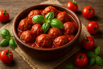 Delicious Homemade Meatballs in Tomato Sauce with Fresh Basil and Cherry Tomatoes on Wooden Table