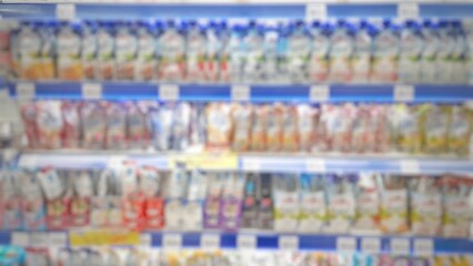 Abstract blurred background inside of the supermarket grocery store and shelves
