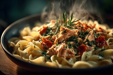 A bowl of pasta topped with tuna chunks