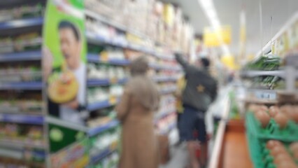 Abstract blurred background inside of the supermarket grocery store and shelves