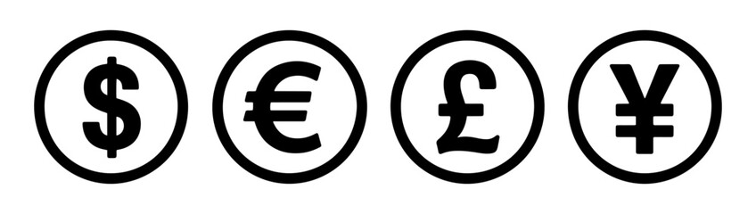 international currency symbol icon set with dollar euro pound yen on transparent background