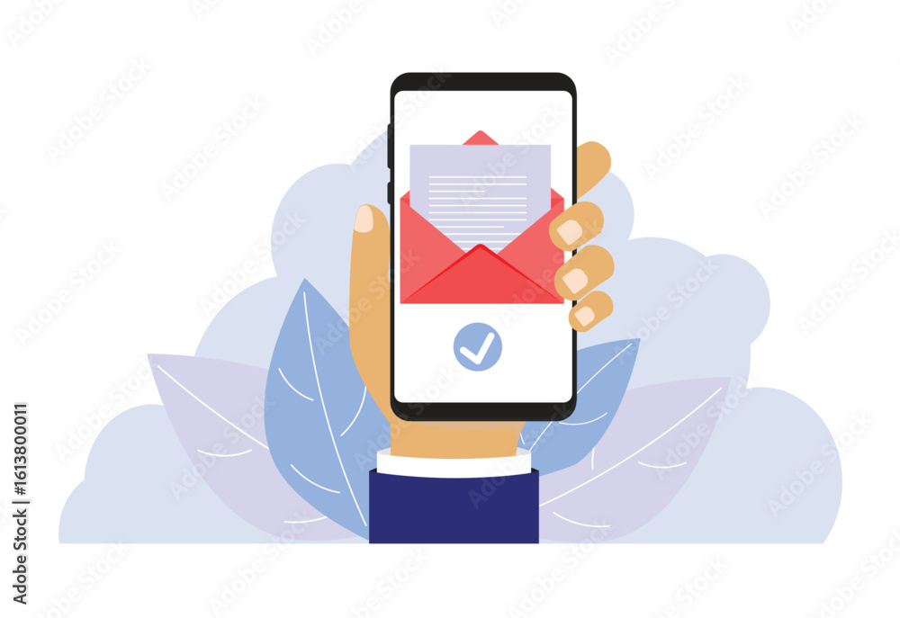 Poster hand holding cellphone with letter in envelope on screen. office worker sending or receiving email. 