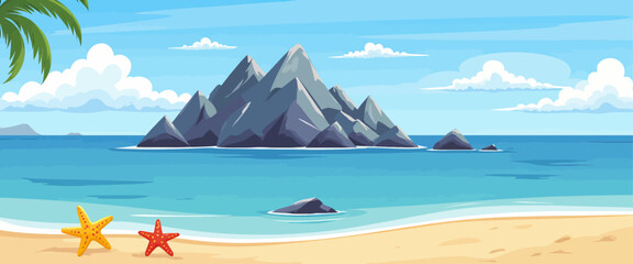 Tropical Beach Scene with Starfish on Transparent Background, Vector Illustration for Web Design