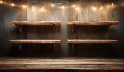 Rustic wooden shelves and display table