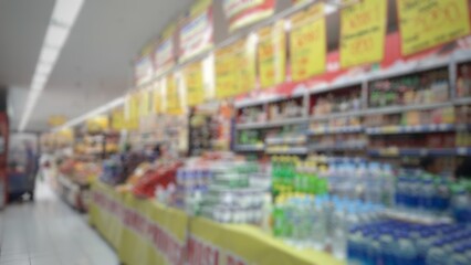Abstract blurred background inside of the supermarket grocery store and shelves