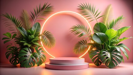 Fototapeta premium A pink podium with a glowing neon circle and lush tropical plants