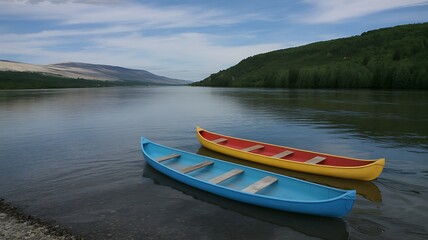 Two colorful canoes floating on calm water boat lake