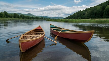 Two red canoes with paddles resting on calm water boat