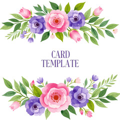 Watercolor Floral Bouquet with Pink and Purple Flowers on Transparent Background, Card Template Design Element