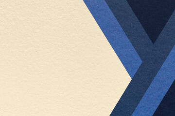 Abstract beige, navy blue textured paper background with geometric lines, copy space for graphic banner template