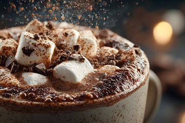 Hot chocolate drink with marshmallows sprinkled with cocoa powder.