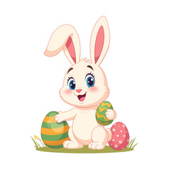 White Easter Bunny with Pastel Eggs, Clear Background, Illustrative Design Element