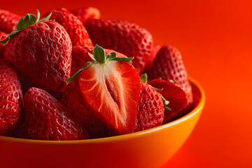 Bowl with tasty freeze-dried strawberries on orange background