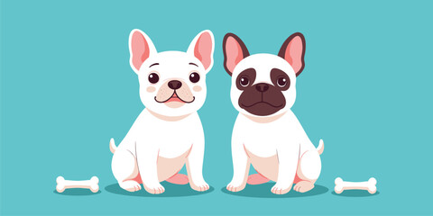 White French Bulldog Puppies with Bones, Clear Background, Flat Design Illustration