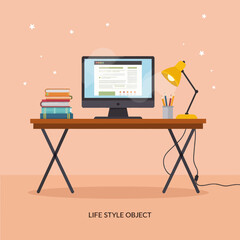 Wooden Desk with Computer and Books, Neon Coral Illustration with Transparent Background, Office Asset