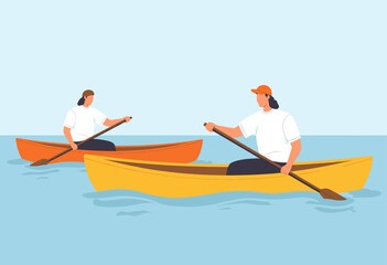Yellow Canoe Paddlers with Transparent Background, Flat Design Illustration for Web Design