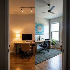 Fototapeta premium A side-by-side comparison of two distinct modern home office interior designs, showcasing different lighting and decor styles.