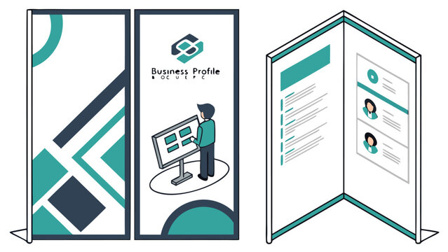 Illustration of three standing banners showing business profiles, geometric designs, and team member details - Powered by Adobe