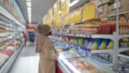 Abstract blurred background inside of the supermarket grocery store and shelves