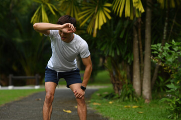 Athlete taking a break, sweating and recovering after a long workout session outdoors on a nature trail