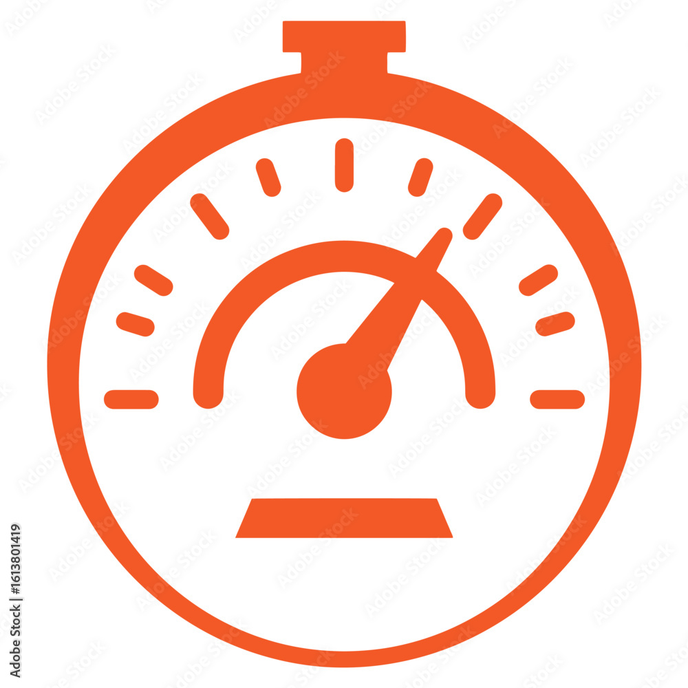 Poster orange speedometer icon illustrating performance fast pace time and efficiency on white background
