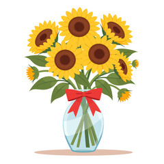 Yellow Sunflowers in Vase with Red Ribbon, Clear Background Illustration for Digital Media