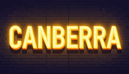 Yellow Neon Canberra Sign on Transparent Background, Glossy Design Element for Branding