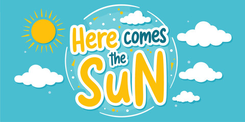 Yellow Sun with Clouds, Bright Illustration on Transparent Background, Graphic Design Element