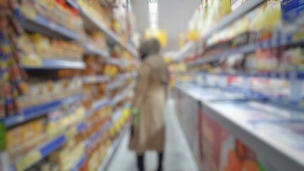 Abstract blurred background inside of the supermarket grocery store and shelves