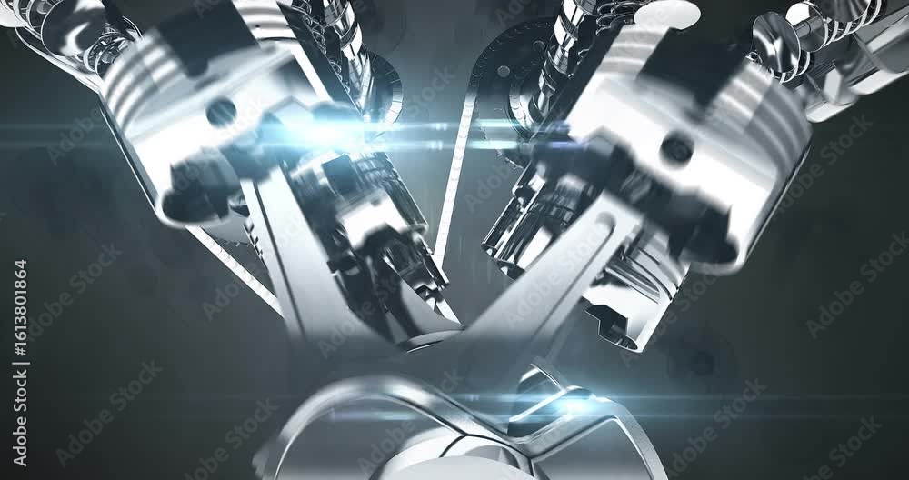 Poster camera zooms through fan blades into v8 engine mechanics. high quality 3d animation.