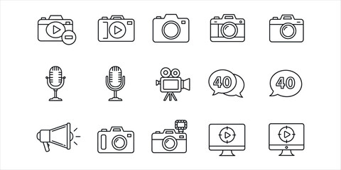 Collection of line art icons for photography video and audio recording camera video camera